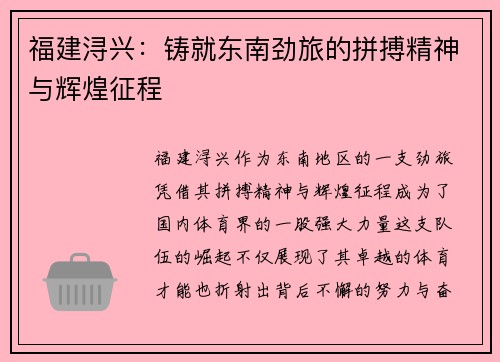 福建浔兴：铸就东南劲旅的拼搏精神与辉煌征程